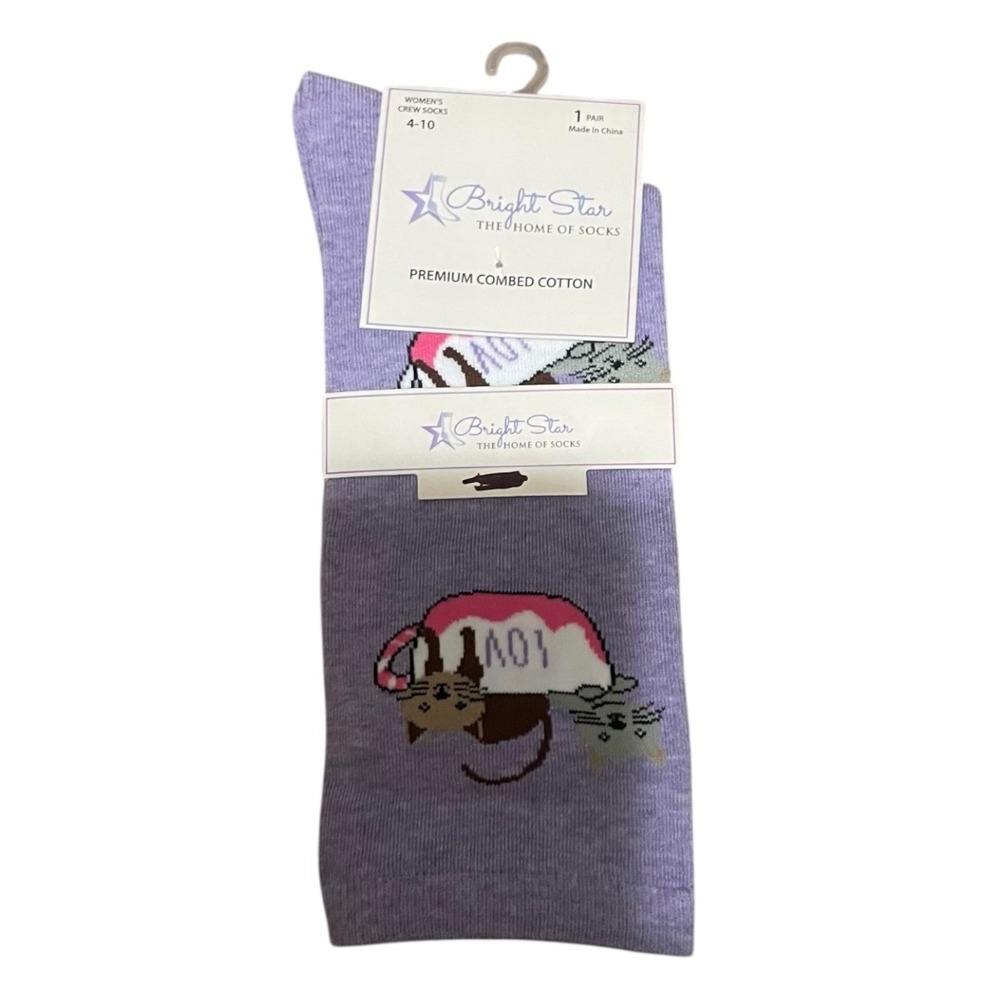 Bright Star Womens Crew Socks Purple Cat‎ Love Premium Combed Cotton 4-10